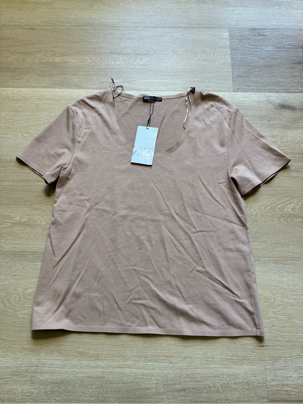 Zara Women Short Sleeve Scoop Neck Tee — Beige Brown